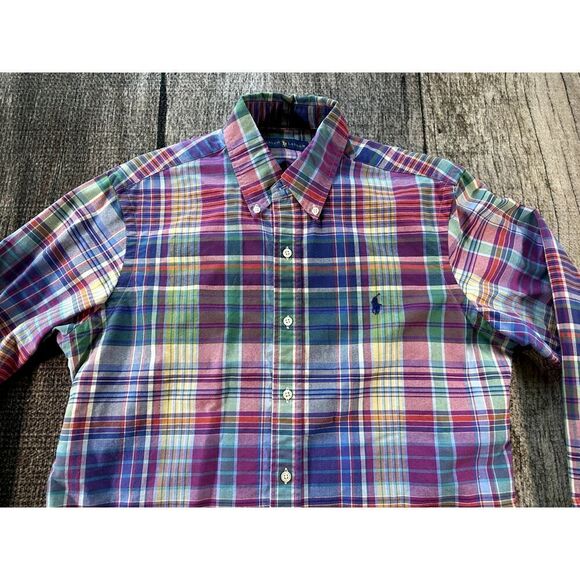 Ralph Lauren Blue Purple Green Plaid Cotton Long Sleeve Shirt Med Mens Preppy - Picture 2 of 9